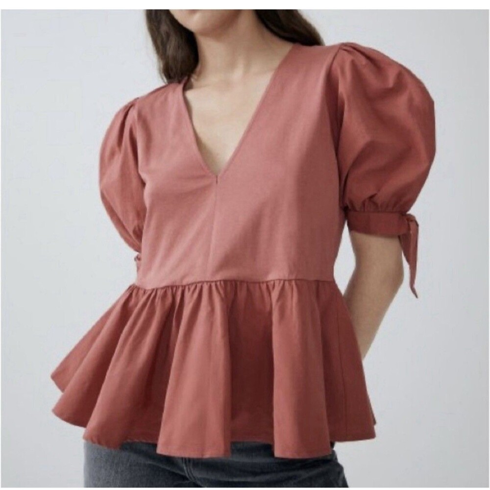 Zara Pink Bell Sleeve Tie Peplum Blouse 100% Cotton Women's Size Medium EUC - Picture 1 of 13